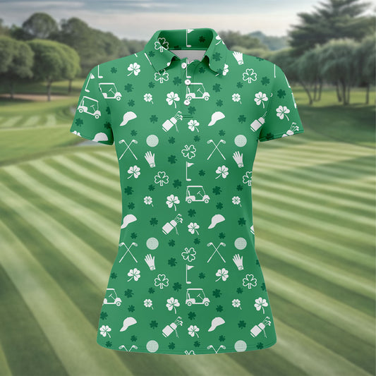 Maxcorners Golf Items Seamless Pattern St. Patrick’s Day Shamrock Golf Shirt, Women's Golf Tops, Ladies Golf Polos