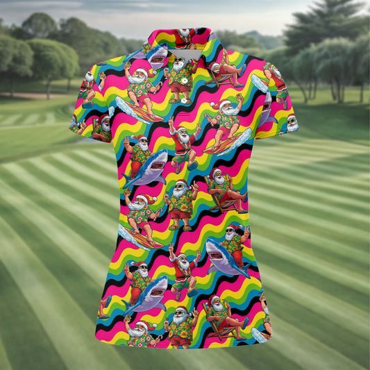 Maxcorners Funny Surfing Santa Riding Shark Hawaiian Golf Shirt, Golf Polo For Women, Printed Golf Shirt LM1507