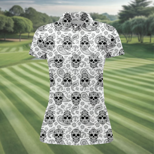 Maxcorners Sugar Skull Paisley Pattern Golf Polo Shirt, Ladies Golf Shirts, Women's Golf Apparel LM1507
