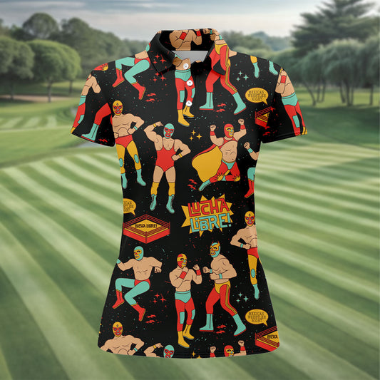 Maxcorners Black Lucha Libre Mexican Wrestler Pattern Golf Shirt, Ladies Golf Shirts, Golf Polo For Women LM1507