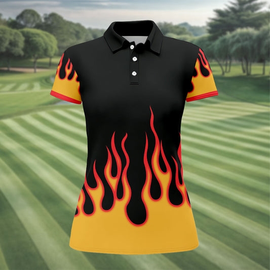 Maxcorners Black Red Yellow Flame Sleeve Golf Shirt, Hawaiian Golf Shirt, Golf Tops For Women LM1507