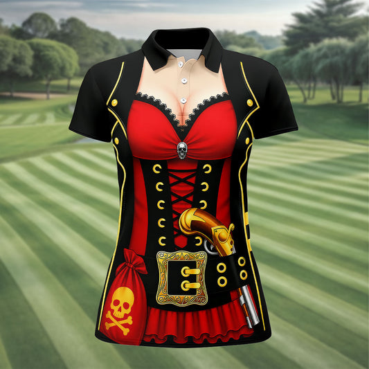 Maxcorners Red Corset Pirate Costume Skull Belt Golf Shirt, Women’s Golf Polo, Ladies Golf Tops, Printed Golf Shirt LM1507