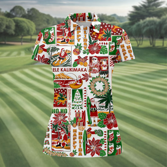 Maxcorners Women's Mele Kalikimaka Hawaiian Christmas Golf Shirt, Tropical Santa Holiday Golf Shirt, Women’s Golf Polo LM1507