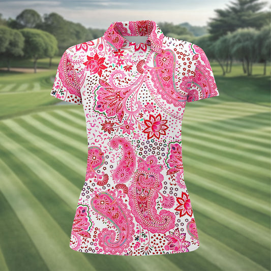 Maxcorners Pink Paisley Floral Pattern Golf Shirt, Golf Tops For Women, Hawaiian Golf Shirt, Women’s Golf Apparel LM1507