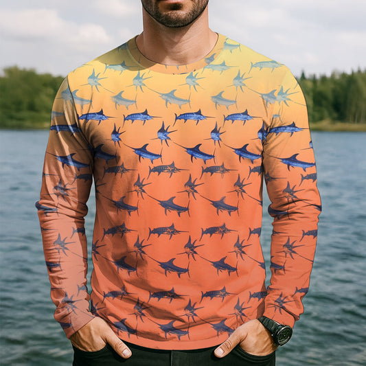 Maxcorners Swordfish Pattern Orange Fishing Shirt, Cute Fishing Outfits, SPF Shirt For Men, Men's Fishing Shirt