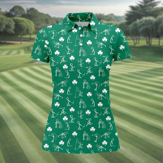 Maxcorners Stick Figure Golf Pose St Patrick's Day Shamrock Green Golf Shirt, Women's Golf Tops, Ladies Golf Polos