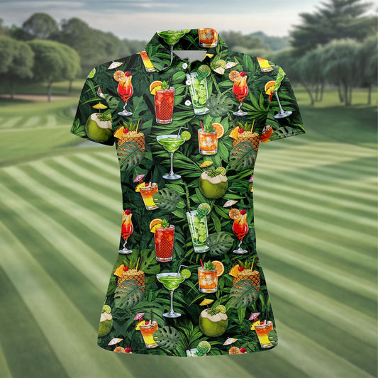 Maxcorners Tropical Cocktail Coconut And Palm Leaf Golf Polo, Hawaiian Golf Shirt, Golf Polo For Women LM1507
