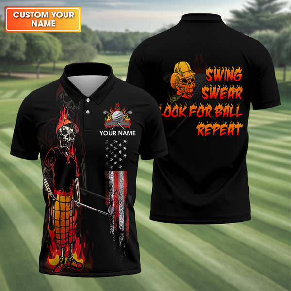 Maxcorners Custom Flaming Skeleton Men's Golf Polo Shirt, Mens Golf Gift, Funny Golf Shirt