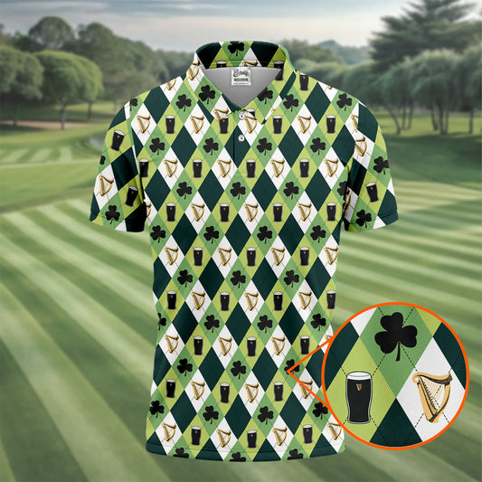Maxcorners Green And White Argyle Pattern Beer St Patrick's Day Golf Shirt, Golf Tops For Men, Polo For Men