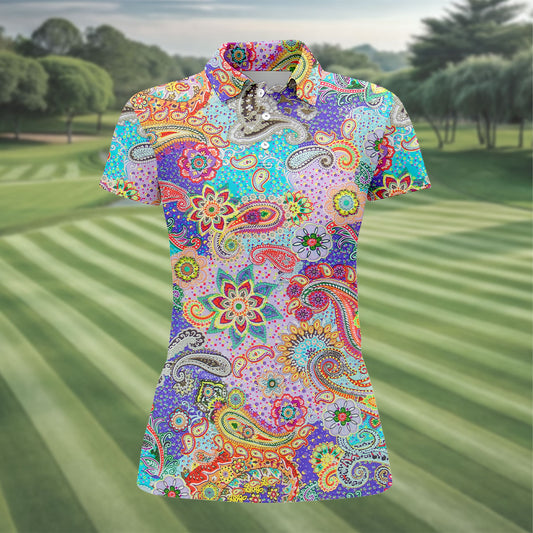 Maxcorners Vibrant Paisley Floral Patchwork Golf Polo Shirt, Ladies Golf Shirt, Golf Tops For Women LM1507