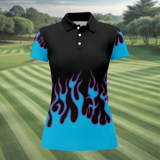 Maxcorners Black Cyan Purple Flame Sleeve Golf Shirt, Women's Golf Tops, Women’s Golf Apparel LM1507