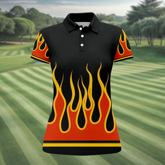 Maxcorners Black Orange Yellow Flame Sleeve Golf Shirt, Golf Polo For Women, Printed Golf Shirt LM1507