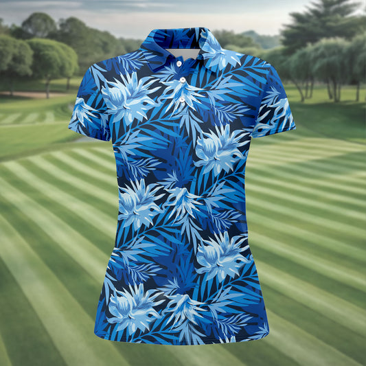 Maxcorners Blue Tropical Hibiscus Floral Golf Shirt, Womens Golf Tops, Women’s Golf Apparel LM1507