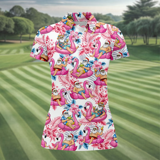Maxcorners Santa Flamingo Float Tropical Christmas Golf Shirt, Christmas Shirts For Women, Christmas Golf Shirt LM1507