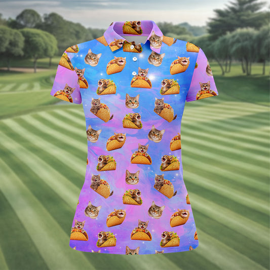 Maxcorners Funny Taco Cat Galaxy Pattern Golf Shirt, Women’s Golf Apparel, Ladies Golf Shirt LM1507