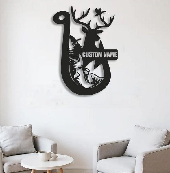 Maxcorners Personalized Hunting Metal Sign WITH LED/WITHOUT LED Light Fishing Wall Art Deer Head Sign Hunter Gift Duck Hunting Sign Bass Fishing Decor LM0110