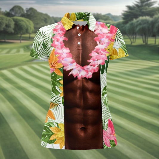 Maxcorners Dark Skin Tropical Muscle Chest Hawaiian Golf Polo Shirt, Ladies Golf Shirts, Golf Polo For Women LM1507