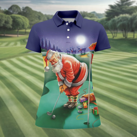 Maxcorners Women's Santa Night Golf Scene Golf Shirt, Christmas Golf Shirt, Women’s Golf Apparel LM1507