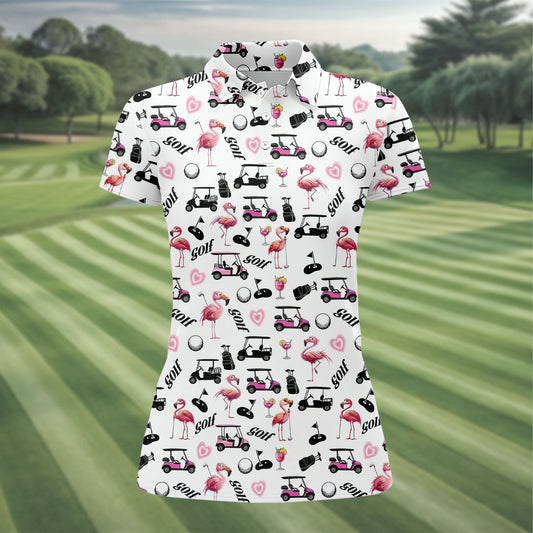 Maxcorners Pink Flamingo Golf Cart Martini Hawaiian Golf Shirt, Women’s Golf Polo, Ladies Golf Shirts LM1507