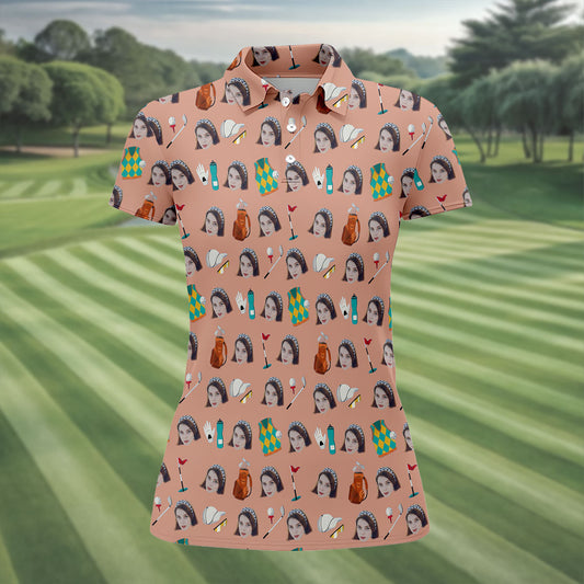 Maxcorners Peach Custom Photo Golf Icons Polo Shirt, Women's Golf Tops, Printed Golf Shirt LM1507
