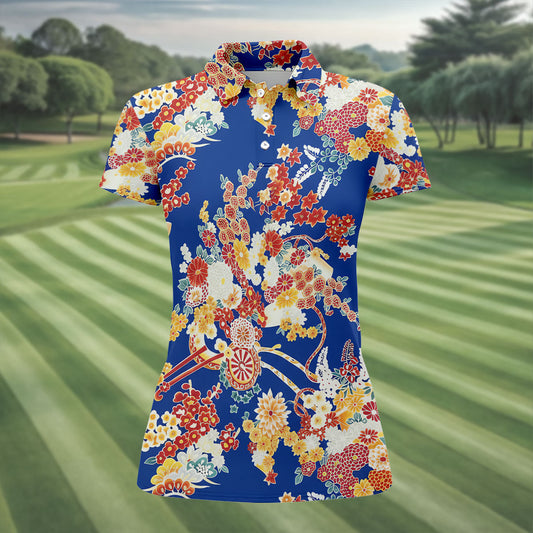 Maxcorners Royal Blue Japanese Floral Pattern Golf Shirt, Women’s Golf Polo, Ladies Golf Tops LM1507