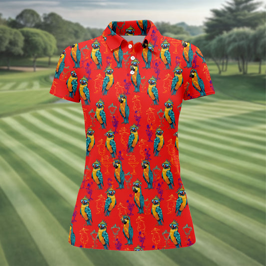 Maxcorners Red Parrot Sunglasses Cocktail Pattern Golf Shirt, Hawaiian Golf Shirt, Golf Tops For Women, Women’s Golf Apparel LM1507