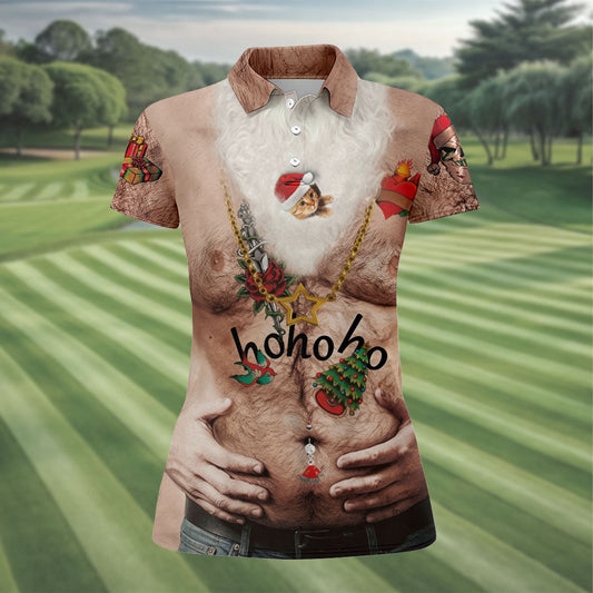 Maxcorners Women's Santa Beer Belly Costume Golf Shirt, Christmas Golf Shirt, Women’s Golf Apparel LM1507