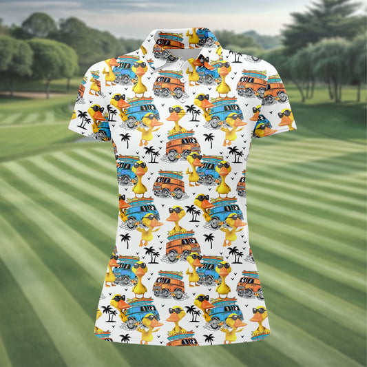 Maxcorners Cool Duck Surf Van Beach Golf Shirt, Women’s Golf Polo, Ladies Golf Tops, Printed Golf Shirt LM1507