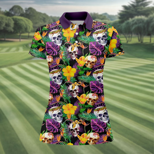 Maxcorners Tropical Sugar Skull Floral Golf Polo Shirt, Golf Tops For Women, Performance Golf Shirt LM1507