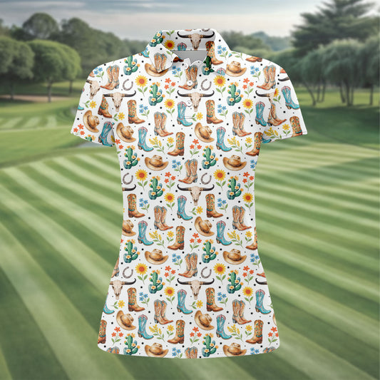 Maxcorners Western Cowboy Boots Floral Pattern Golf Shirt, Women’s Golf Apparel, Golf Shirts For Women LM1507