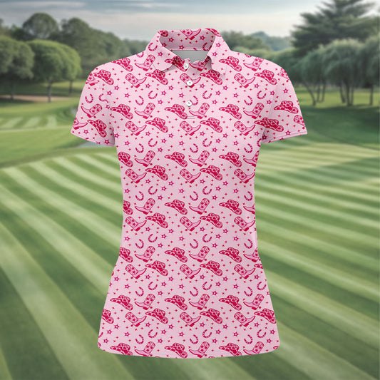 Maxcorners Pink Cowgirl Boots Hat Pattern Hawaiian Golf Shirt, Golf Polo For Women, Women’s Golf Apparel LM1507