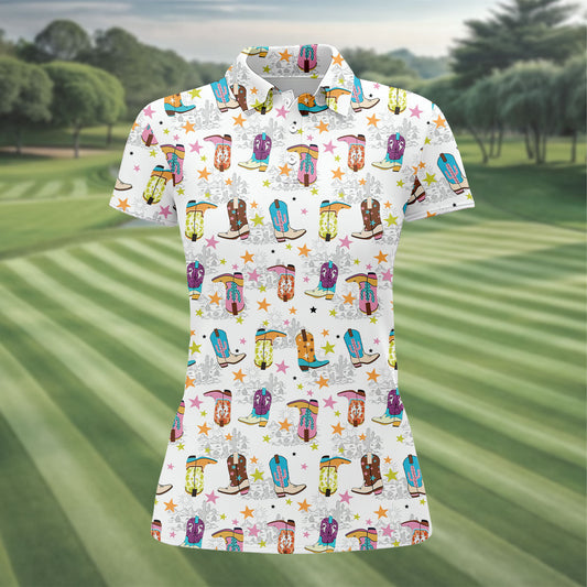 Maxcorners Colorful Western Cowboy Boots Pattern Hawaiian Golf Shirt, Ladies Golf Shirt, Women’s Golf Apparel LM1507