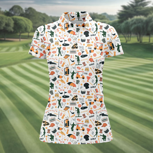 Maxcorners Golf Equipment Cart Ball Pattern Polo Shirt, Women’s Golf Polo, Performance Golf Shirt LM1507