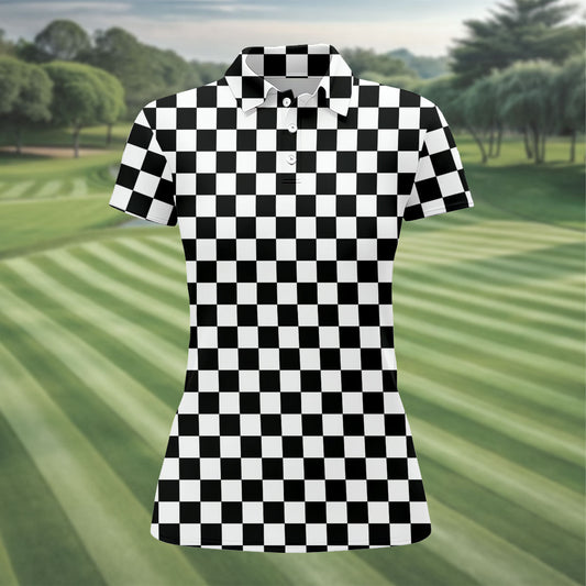 Maxcorners Black White Checkerboard Racing Pattern Golf Shirt, Ladies Golf Shirts, Golf Polo For Women, Performance Golf Shirt LM1507