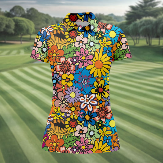 Maxcorners Multicolor Retro Flower Power Golf Shirt, Women’s Golf Tops, Hawaiian Golf Shirt, Golf Shirts For Women LM1507