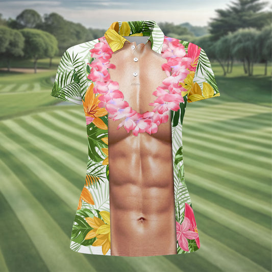 Maxcorners Light Skin Tropical Muscle Chest Hawaiian Golf Polo Shirt, Golf Shirts For Women, Women's Golf Apparel LM1507