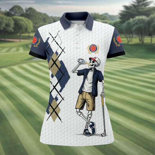 Maxcorners Funny Skeleton Golfer Drinking Beer Polo Shirt, Women’s Golf Apparel, Ladies Golf Shirts LM1507