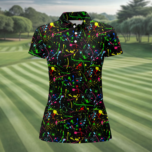 Maxcorners Black Neon Paint Splatter Golf Shirt, Women's Golf Tops, Performance Golf Shirt LM1507