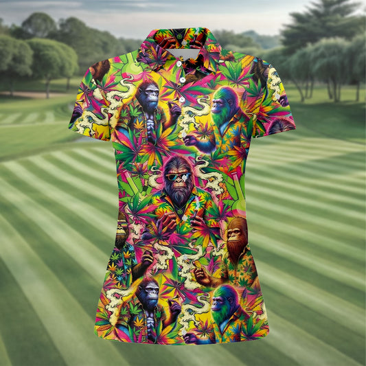 Maxcorners Psychedelic Bigfoot Cannabis Leaf Hawaiian Polo Shirt, Women’s Golf Polo, Golf Shirts For Women LM1507