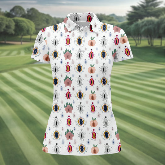 Maxcorners Abstract Peach Botanical Pattern Golf Shirt, Ladies Golf Shirts, Women’s Golf Apparel LM1507