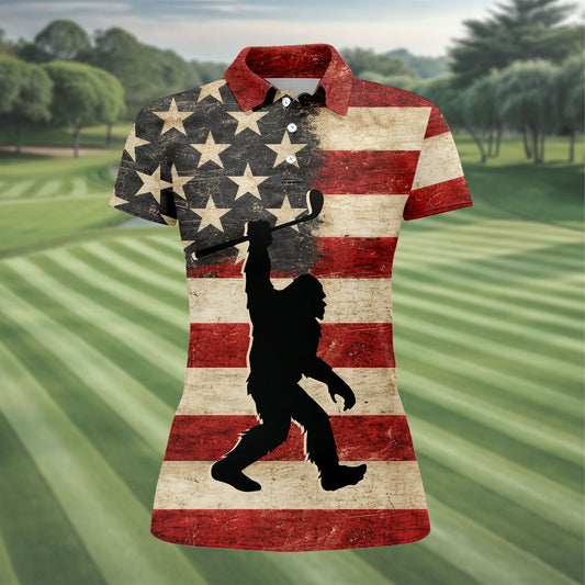 Maxcorners Vintage American Flag Bigfoot Golfer Polo Shirt, Women’s Golf Polo, Golf Tops For Women LM1507