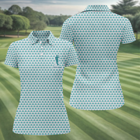 Maxcorners St Patrick's Day Shamrock Golf And Beer Blue And White Golf Shirt, Women's Golf Tops, Ladies Golf Polos