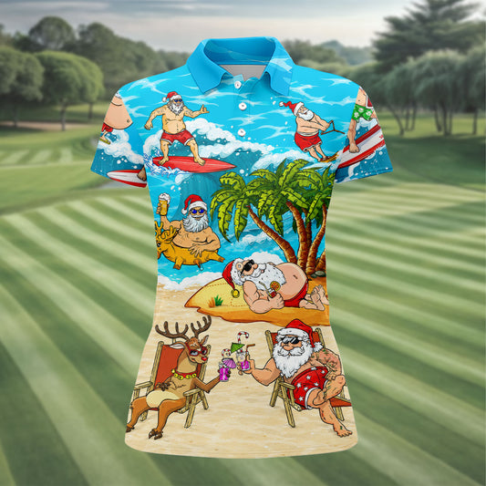 Maxcorners Funny Santa Beach Party Women's Golf Shirt, Christmas Golf Shirt, Women’s Golf Apparel LM1507