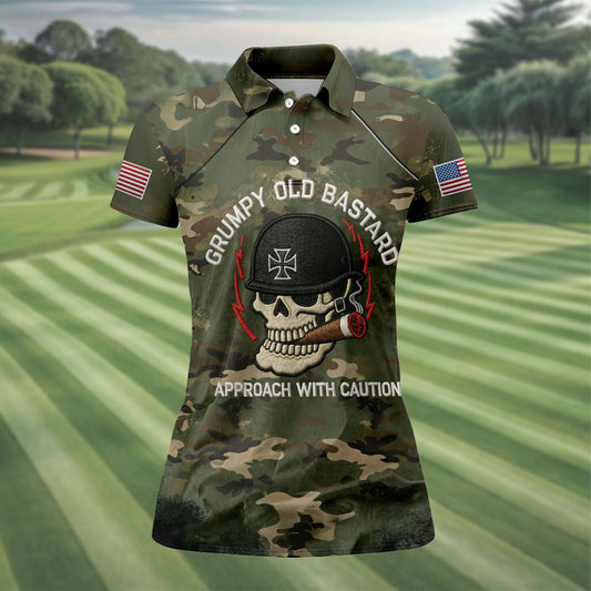 Maxcorners Grumpy Old Bastard Skull Camo Polo Shirt, Patriotic Military Polo, Golf Shirts For Women LM1507