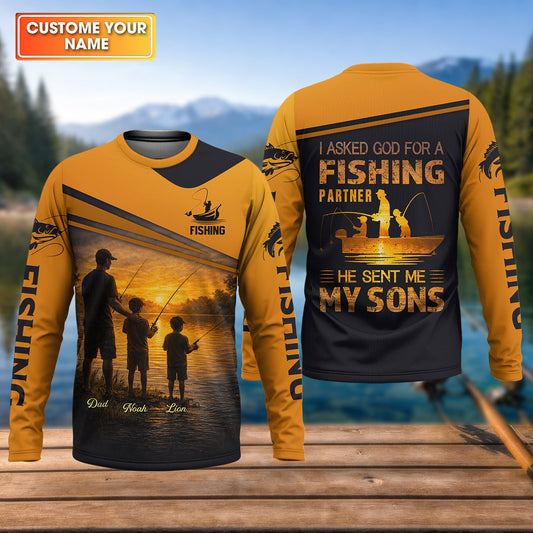 Maxcorners I Asked God For A Fishing Partner He Sent Me My Sons Personalized Fishing UPF Shirt, Christian Fishing Shirt, Gift For Dad