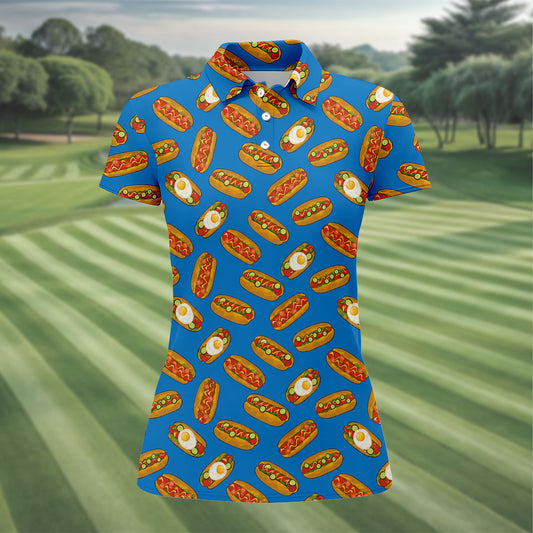 Maxcorners Blue Hot Dog And Fried Egg Pattern Golf Shirt, Hawaiian Golf Shirt, Golf Tops For Women, Printed Golf Shirt LM1507