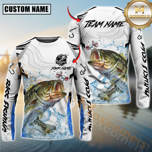 Maxcorners Bass Fishing White Black Curve Pattern Design Custom Name & Team Name 3D Shirts
