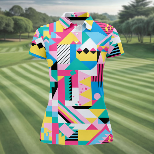 Maxcorners Memphis Pattern Golf Shirt, Retro 80s Geometric Color Block Design, Golf Shirt For Women LM1507
