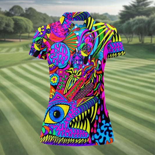Maxcorners Neon Psychedelic Abstract Eye Pattern Golf Shirt, Women's Golf Tops, Women’s Golf Apparel, Performance Golf Shirt LM1507