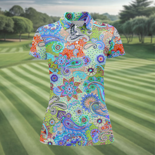 Maxcorners Colorful Boho Paisley Floral Pattern Golf Polo, Women's Golf Tops, Printed Golf Shirt LM1507
